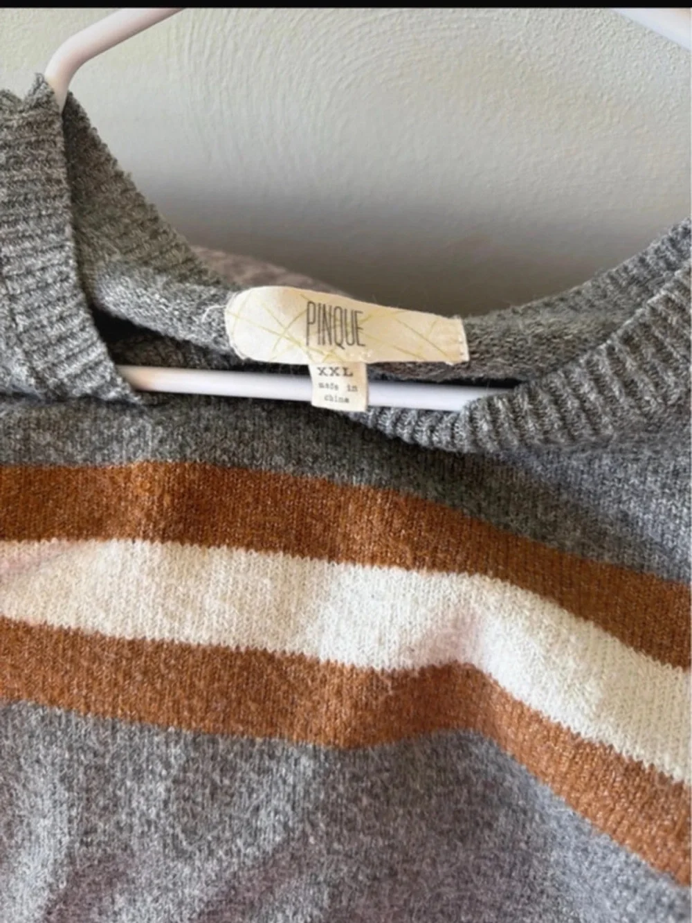 Women's Gray Crewneck Sweater with Brown and White Stripes